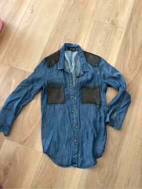kooples Denim Button-Up Shirt with leather Pocket & Shoulder Panels